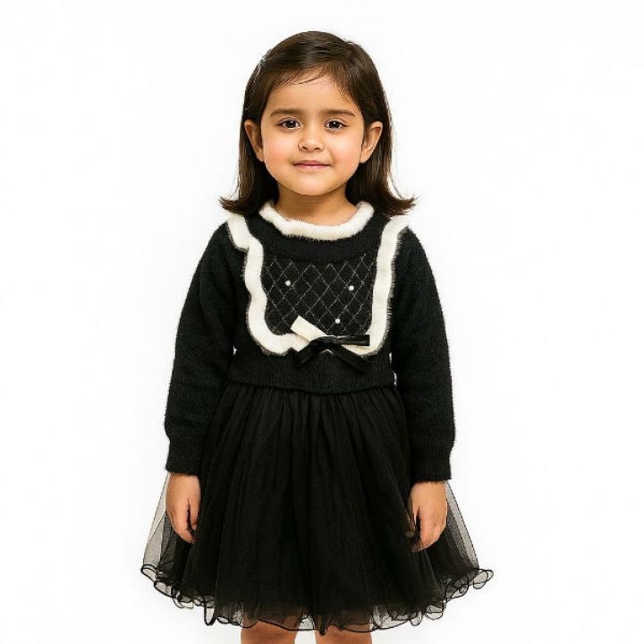 Girls Black Rabbit Wool Long Sleeves Frock