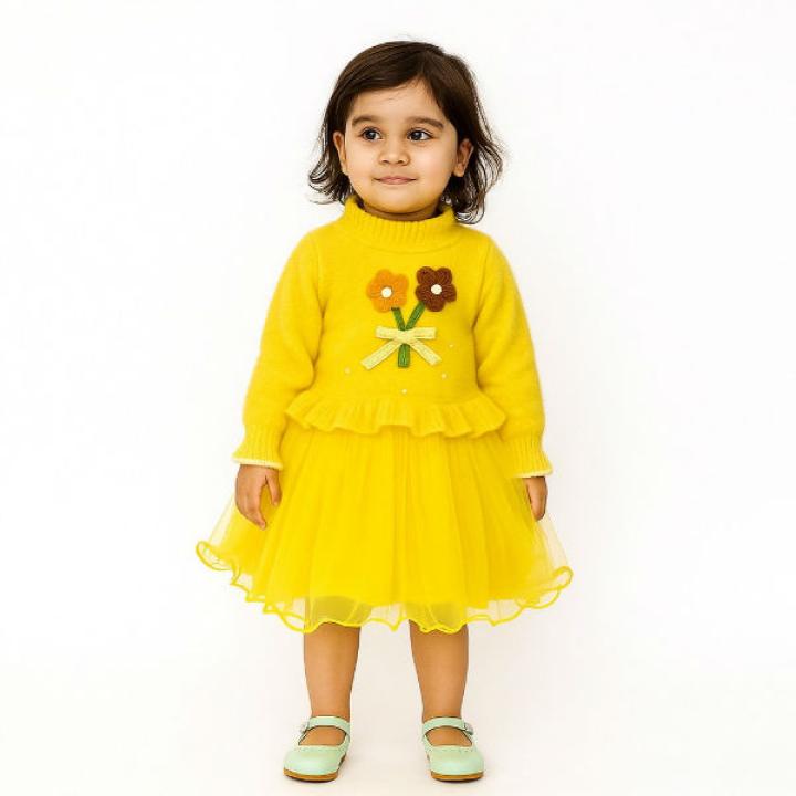 Girls Yellow Rabbit Wool Long Sleeves Frock