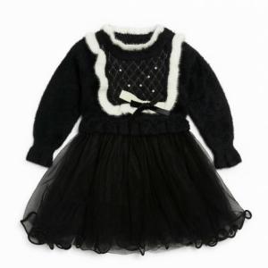 Girls Black Rabbit Wool Long Sleeves Frock