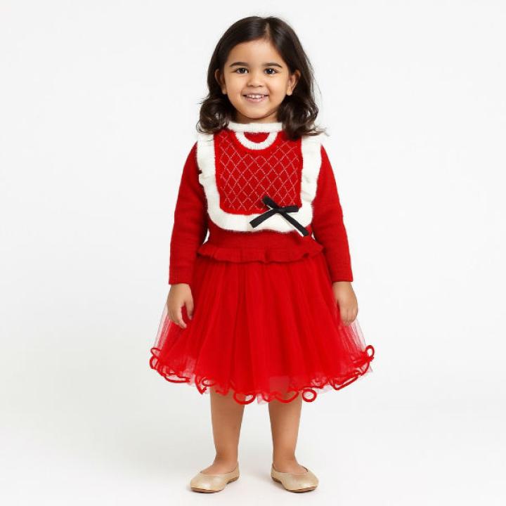 Girls Red Rabbit Wool Long Sleeves Frock