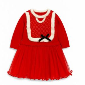 Girls Red Rabbit Wool Long Sleeves Frock