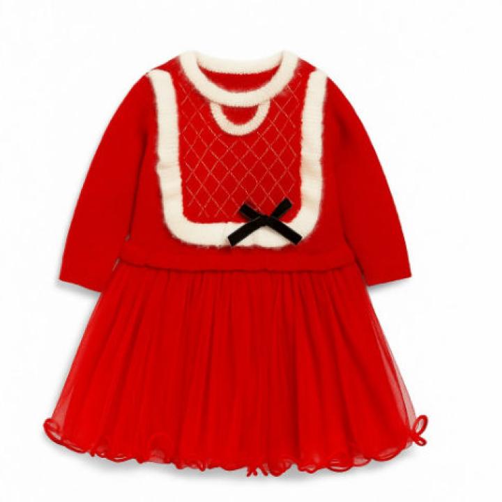 Girls Red Rabbit Wool Long Sleeves Frock